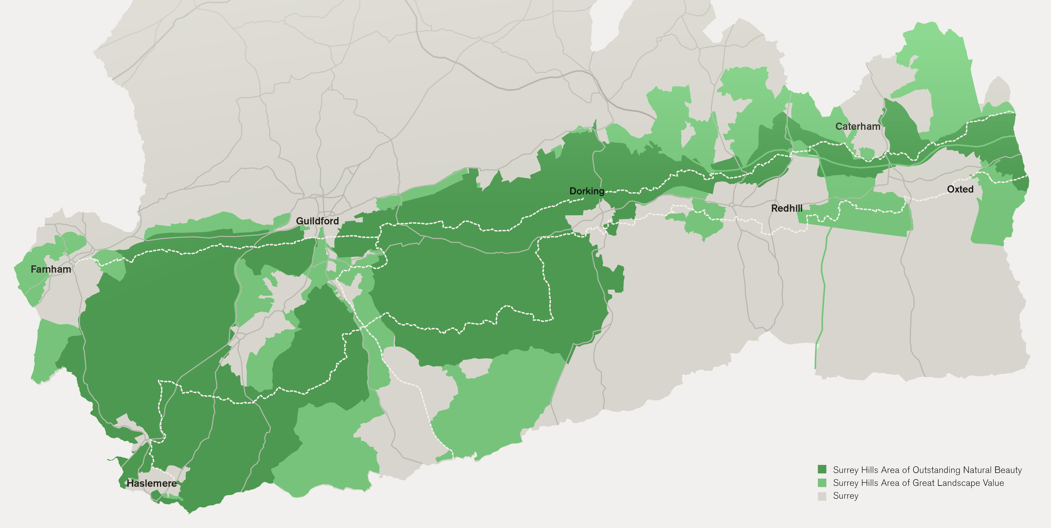 Map of the Surrey Hills Area of Outstanding Natural Beauty, England